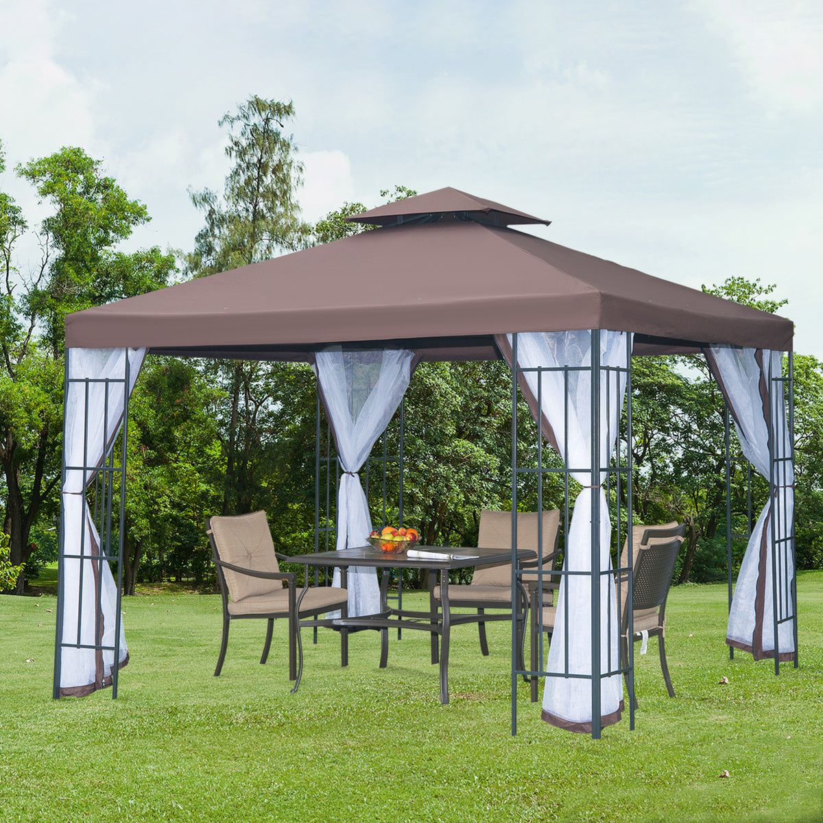 3 x 3(m) Patio Gazebo Canopy Garden Pavilion Tent Shelter with 2 Tier Roof and Mosquito Netting, Steel Frame, Coffee