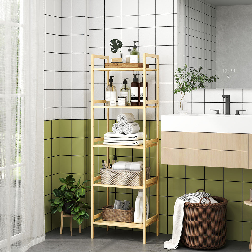  5-Tier Bamboo Bathroom Storage Shelf, Freestanding Shelving Unit with Adjustable Rack for Kitchen Bathroom Living Room, Natural Wood Finish
