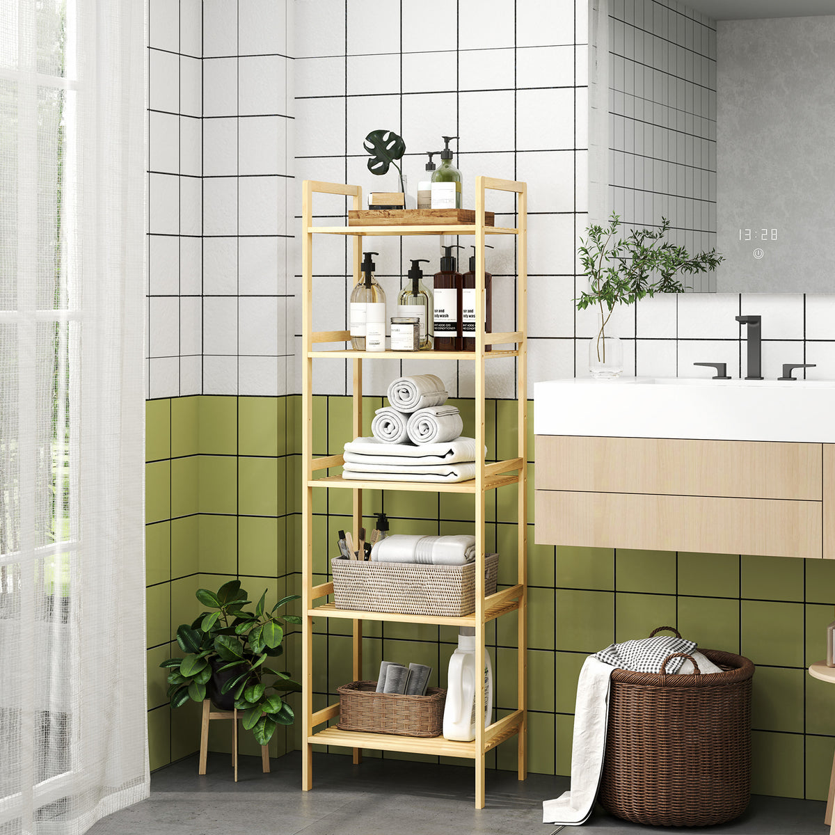  5-Tier Bamboo Bathroom Storage Shelf, Freestanding Shelving Unit with Adjustable Rack for Kitchen Bathroom Living Room, Natural Wood Finish
