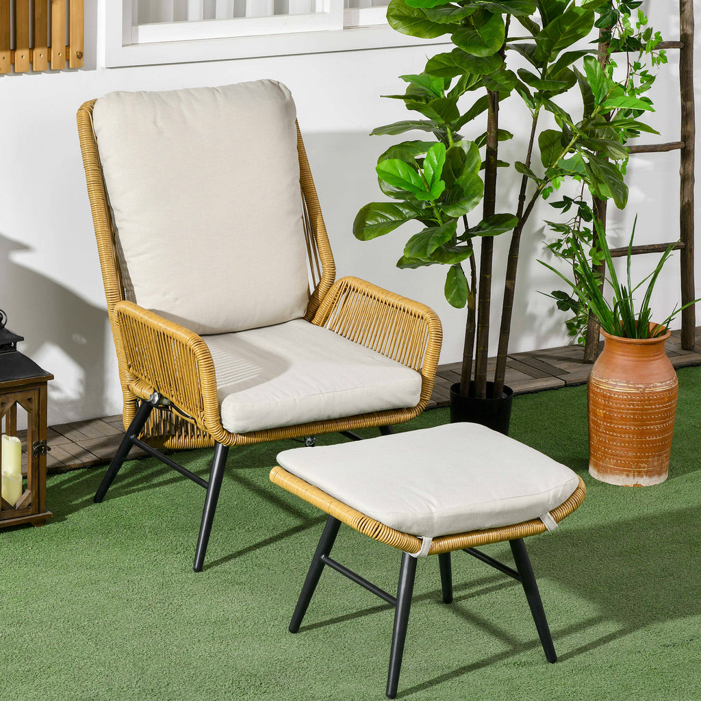 Polyrattan Gartenstuhl und Hocker, verstellbare Lehne, Hellbraun/Grau/Schwarz