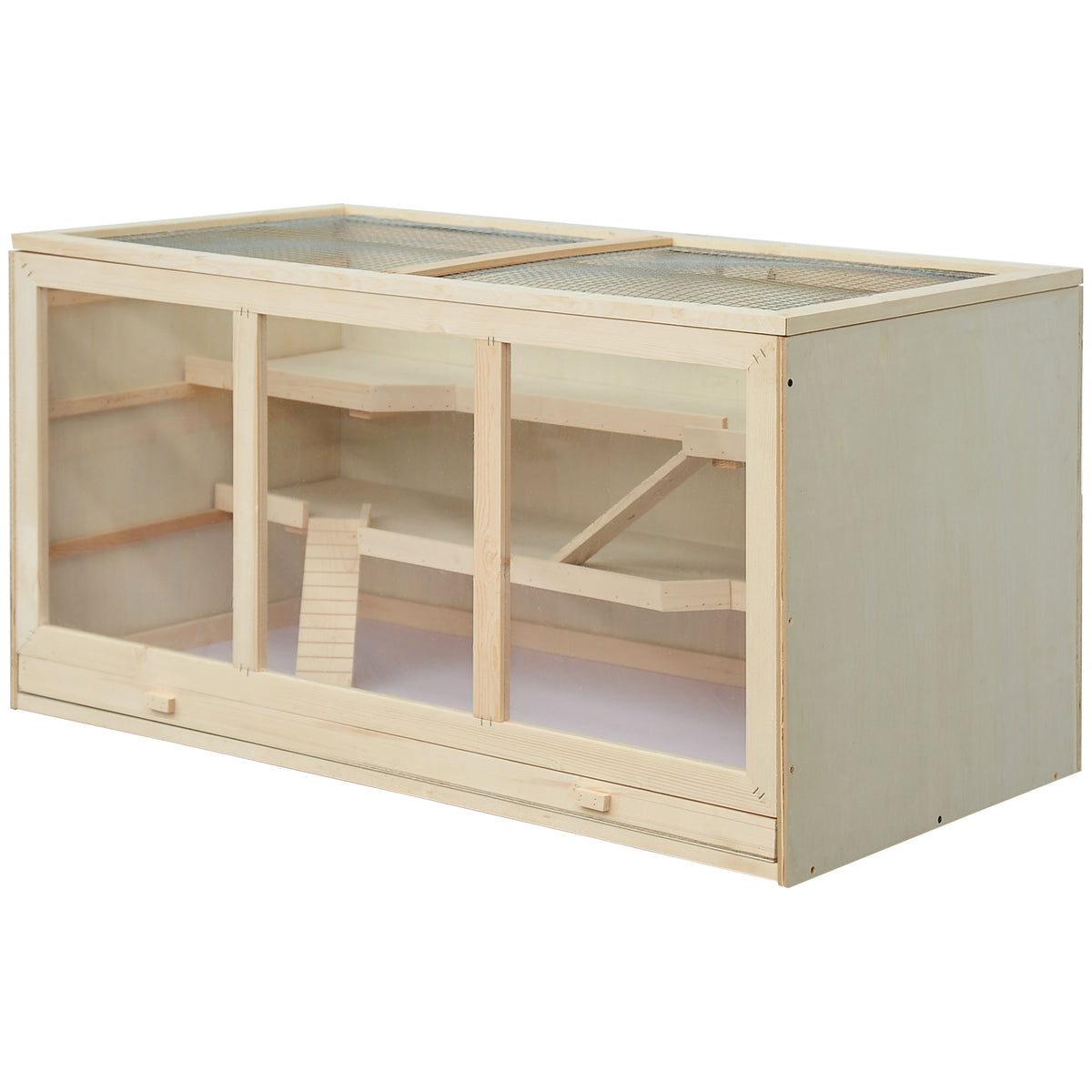 Wooden Hamster Cage, Small Animals Hutch with Tray, Openable Top, Exercise Play House Pen, 115L x 57W x 55Hcm, Natural