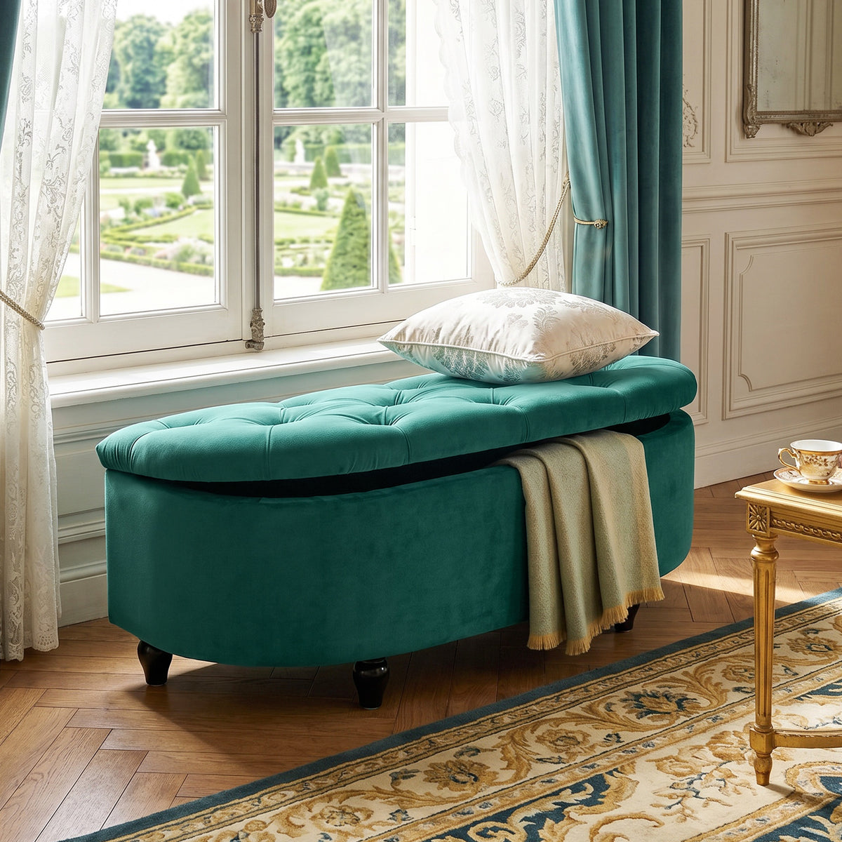 Hocker mit Stauraum, Sitztruhe, gepolstert, soft-close Deckel, Samtoptik, 120 x 46 x 42 cm, Dunkelgrau