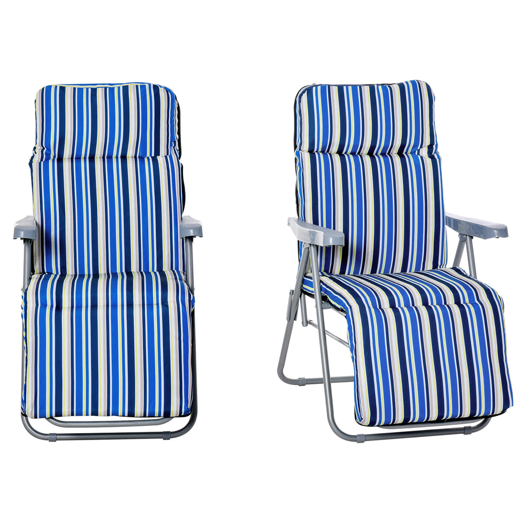 Reclining Garden Chair Set of 2, 5-Level Adjustable Zero Gravity Chairs with Cushions, Folding Sun Lounger Garden Recliner Chairs with Armrests for Outdoor, Patio, Blue Stripe