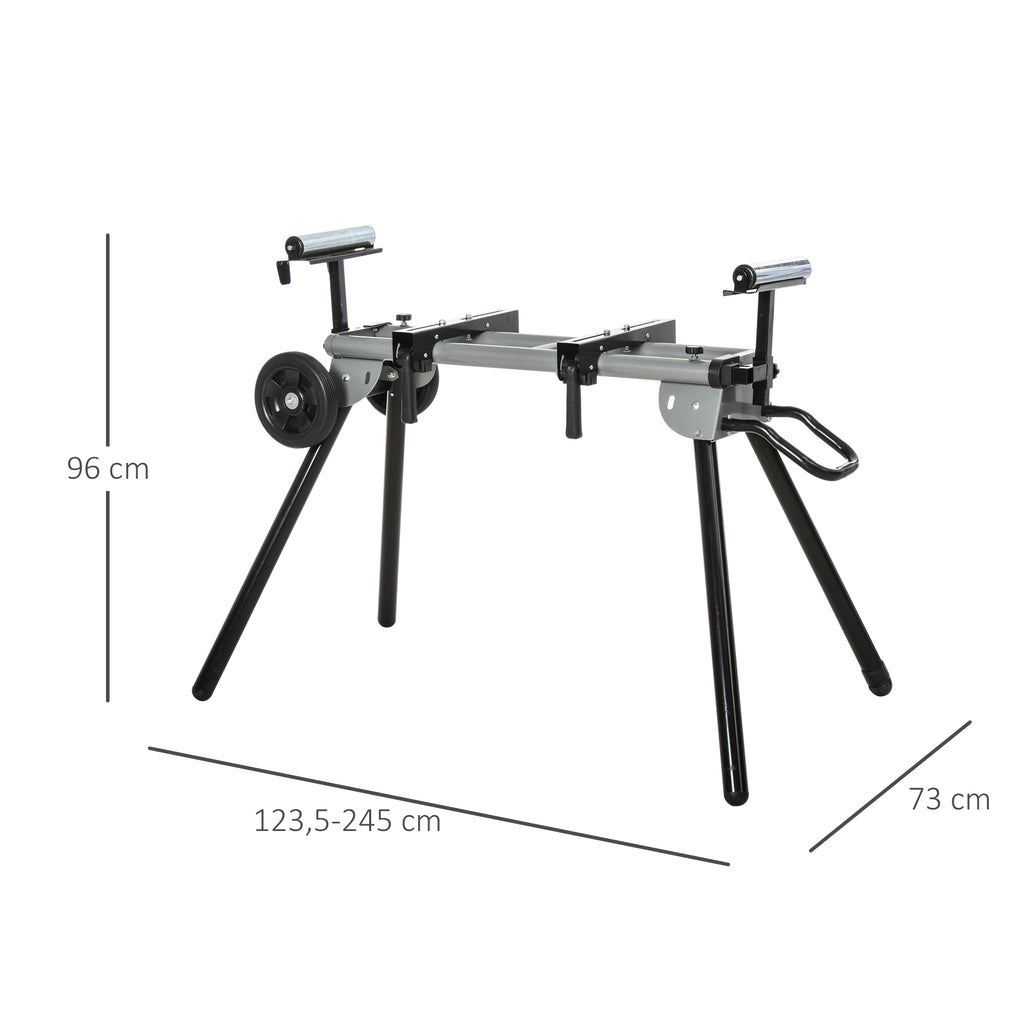  Mitre Saw Stand with Extensions, Sawhorse for Cutting Logs, Foldable with Wheels Max Load 150 Kg, Black and Grey