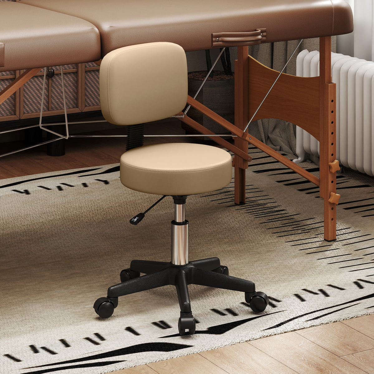 Rollhocker höhenverstellbar mit Rückenlehne 72-84 cm Hoch 360° Drehbar Arbeitshocker für Büro Salon Hellbraun