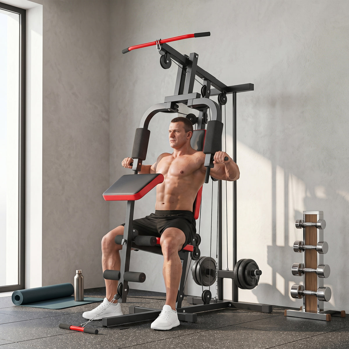 Kraftstation Fitnessstation mit Latzug, Butterflystange, verstellbar Preacher Bank, Beintrainer, bis 120kg Schwarz+Rot
