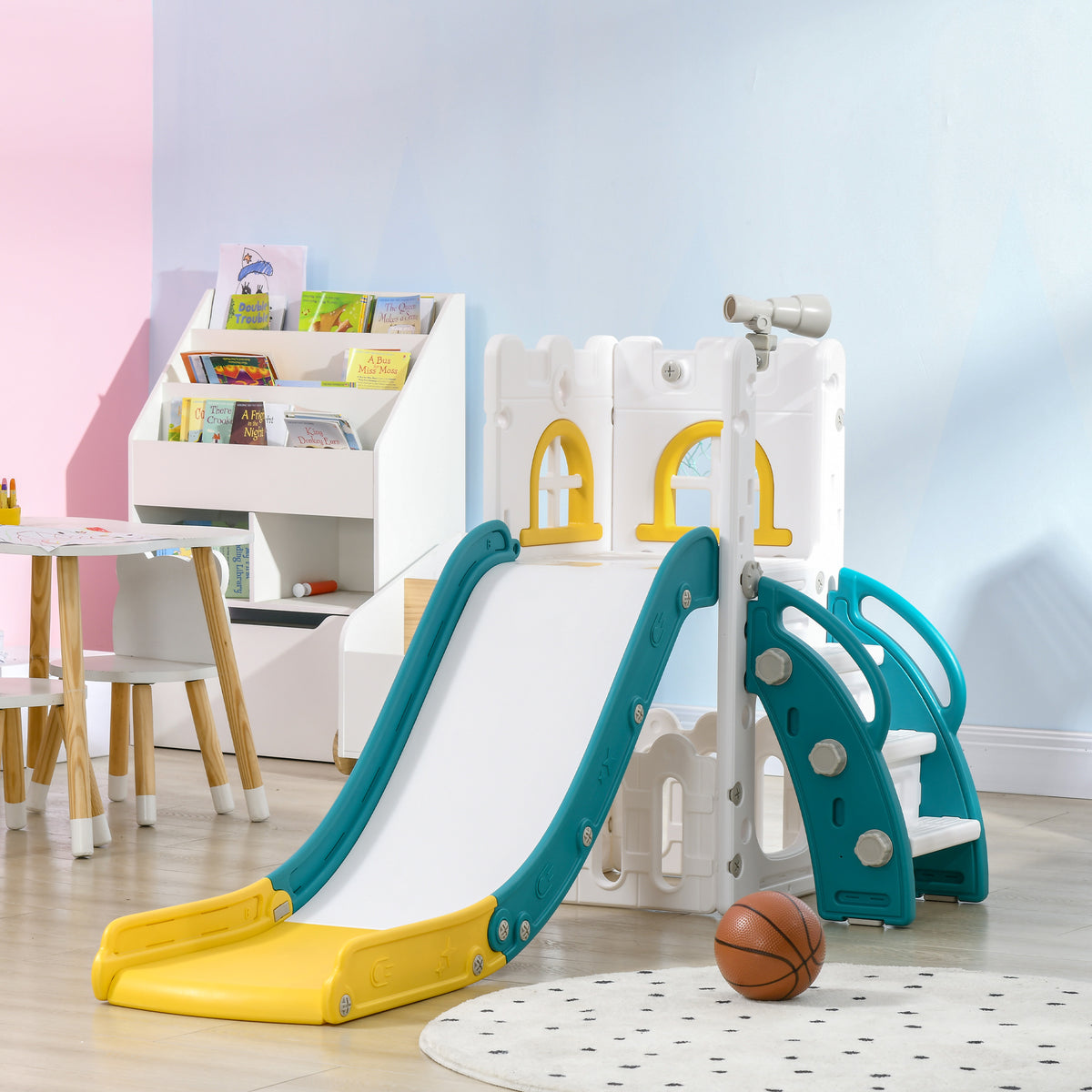 5 in 1 Toddler Slide with Basketball Hoop, Climber, Telescope, Storage Basket, for Ages 1-3 Years, Yellow
