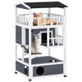 Wooden Outdoor Cat House, 3-Tier Cat Shelter with Tilted Roof, Terrace, Jump Step, Bottom Tray and Elevated Base, Waterproof Paint, Grey