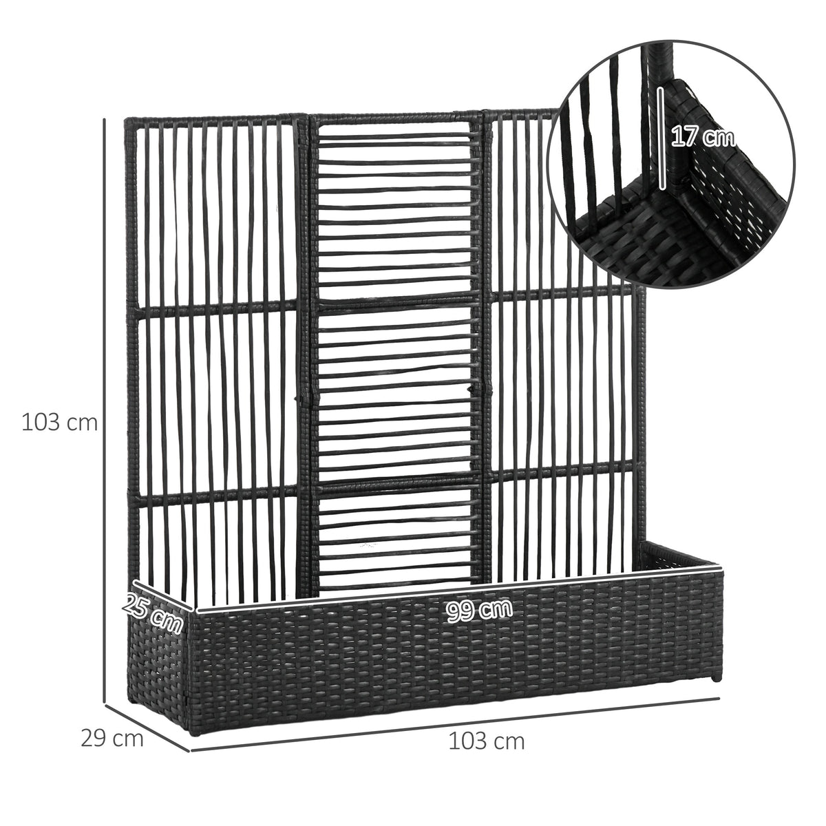 Blumenkasten mit Spalier, wetterfest, Polyrattan, 103 x 29 x 103 cm, Schwarz
