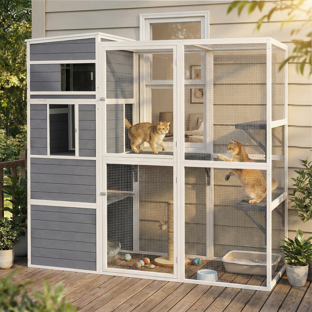 Katzengehege Outdoor Katzenhaus aus Holz mit 3 Plattformen wetterfest Dach Ruhebereich für 3-4 Katze bis 10 kg Grau