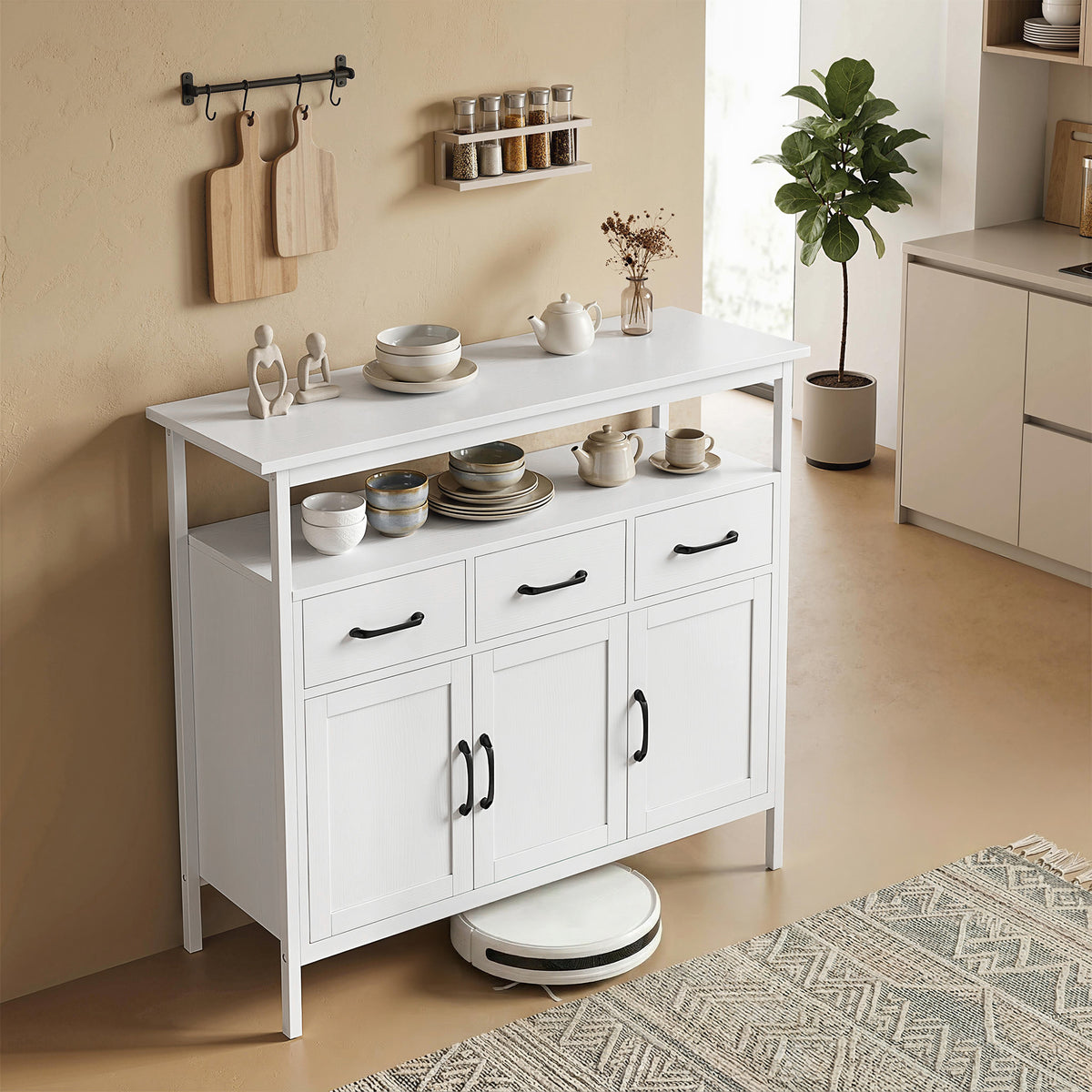 Sideboard mit verstellbaren Einlegeböden, Buffet-Schrank mit 3 Schubladen, 3 Türen , 95 cm, Weiß