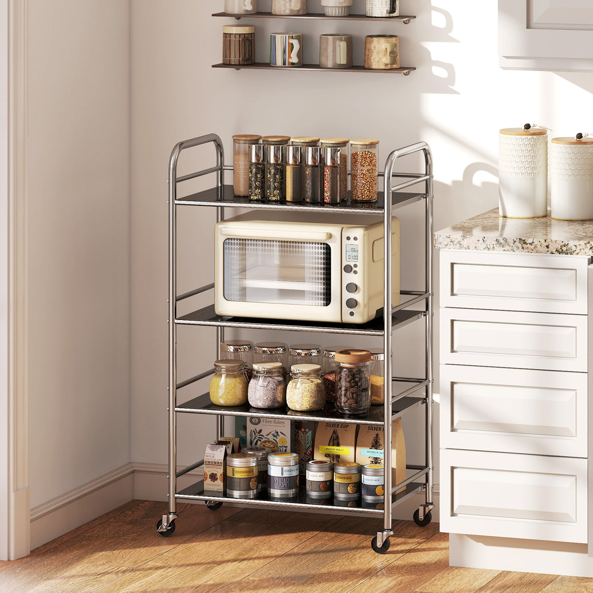 4 Tier Stainless Steel Kitchen Storage Trolley with Adjustable Shelves - Silver