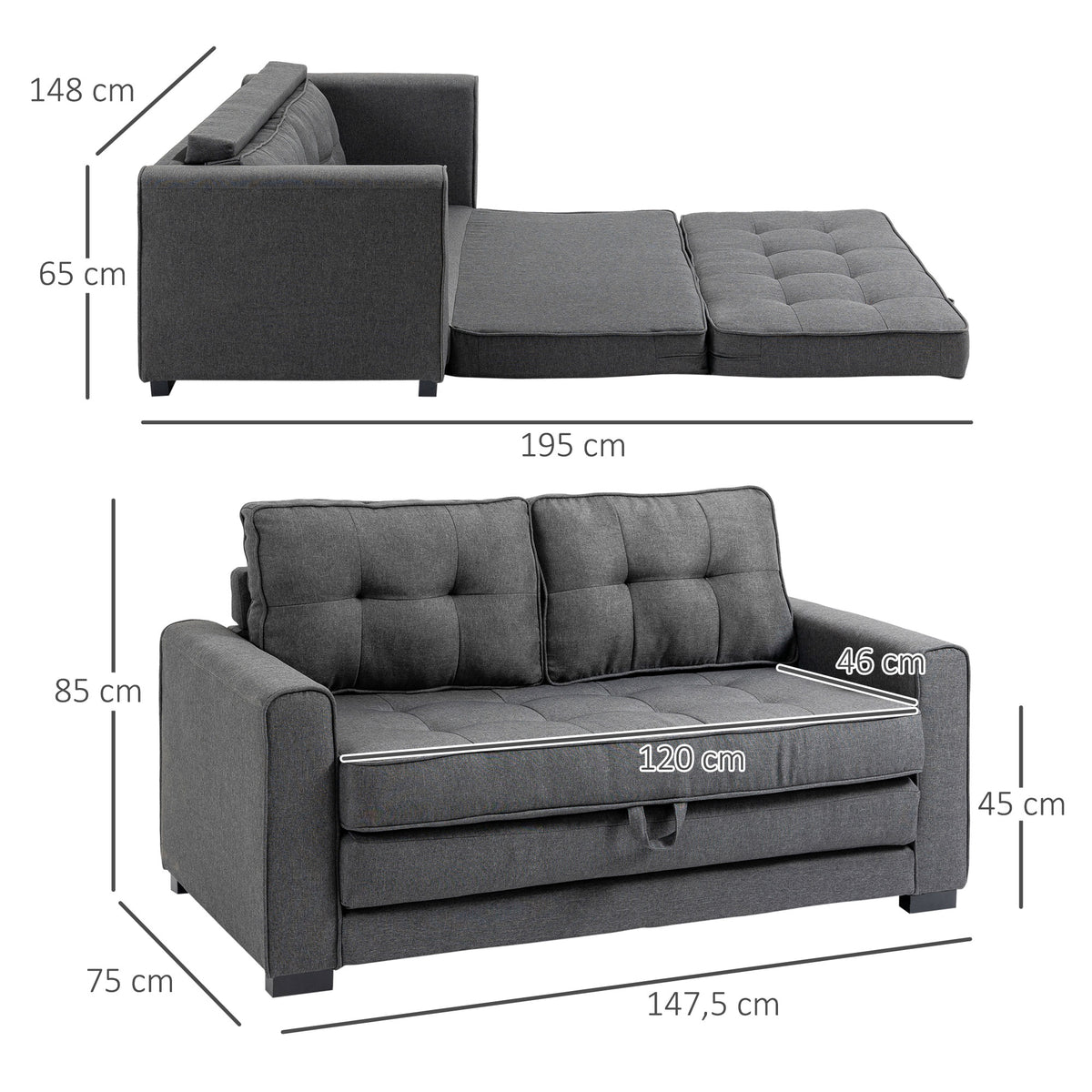 Schlafsofa Klappsofa 2-Sitzer Stoffsofa Bettsofa Sofa mit Schlaffunktion Sofagarnitur Leinen-Touch Gummiholz Grau 147,5 x 75 x 85 cm