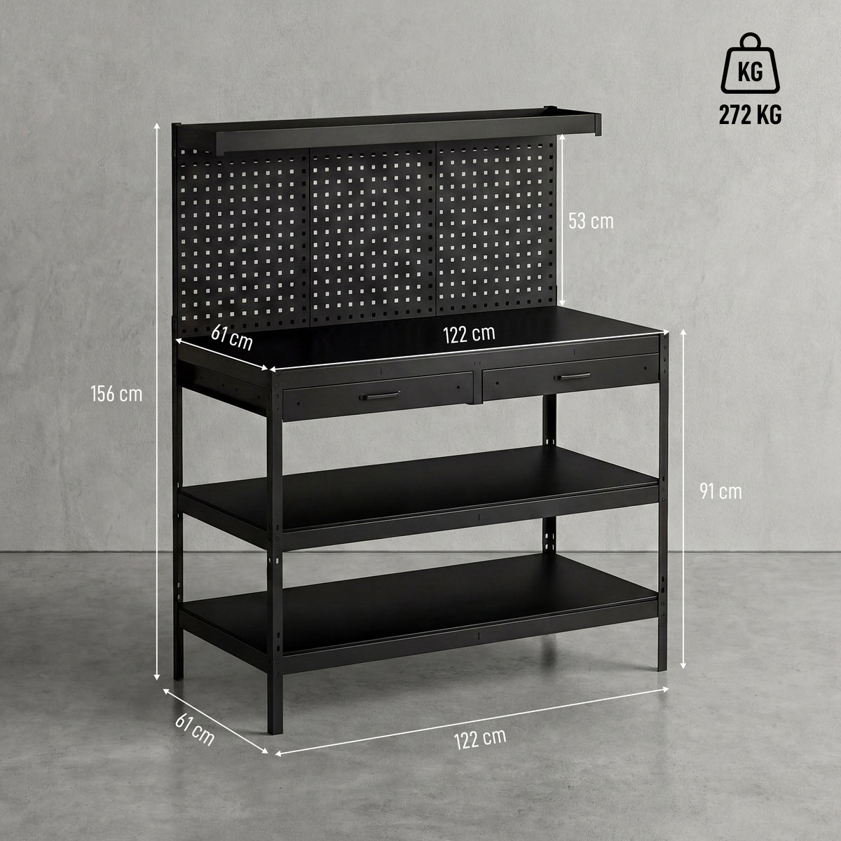 Werkbank mit verstellbaren Regalen, robuste Arbeitsstation mit Lochwand und 2 Schubladen, 122 x 61 x 156 cm, Schwarz