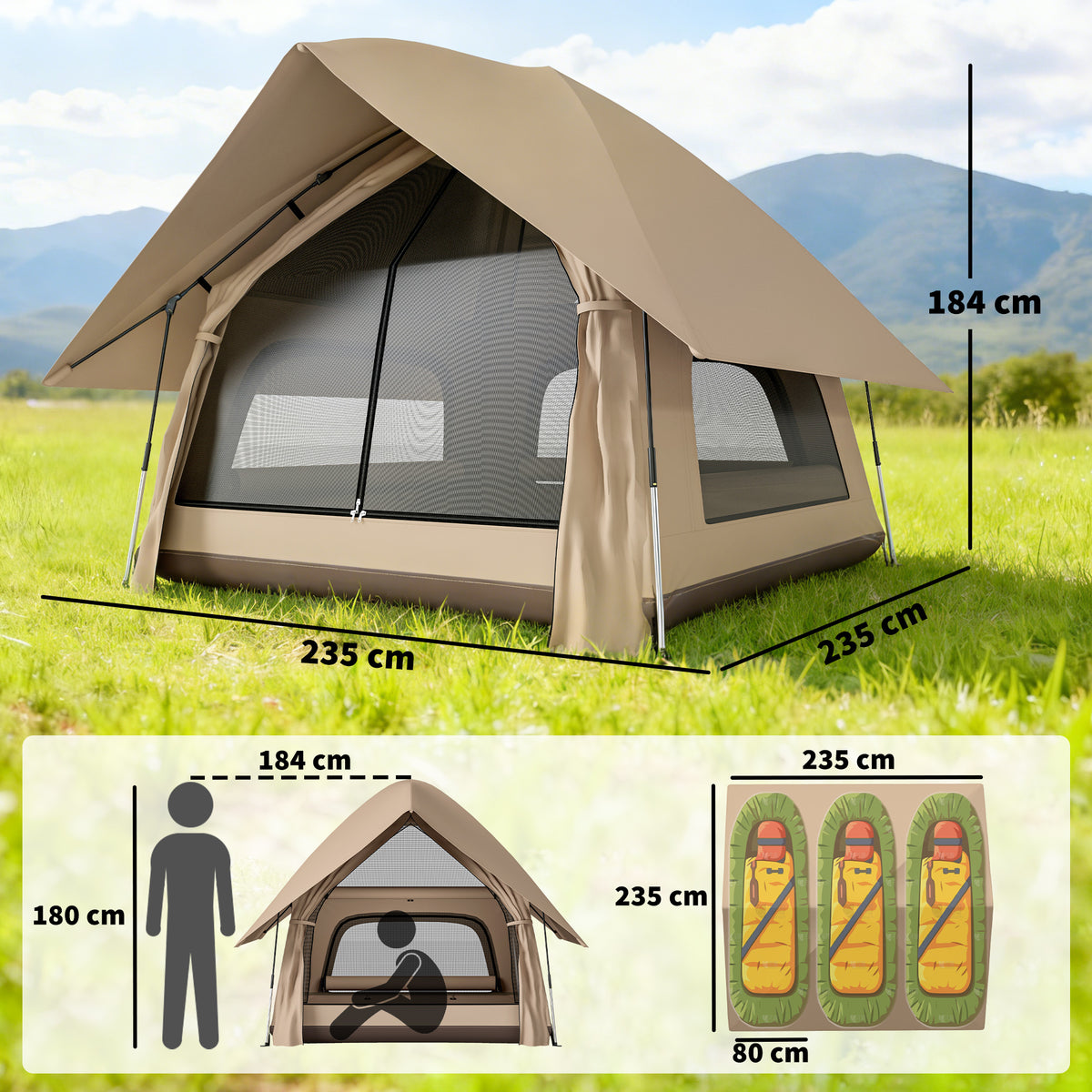 Instant-Pop-Up-Zelt mit Regenschutz wasserdicht Kuppelzelt für 2-3 Personen mit Bodenplane 4 Fenster 235x235x184cm Khaki