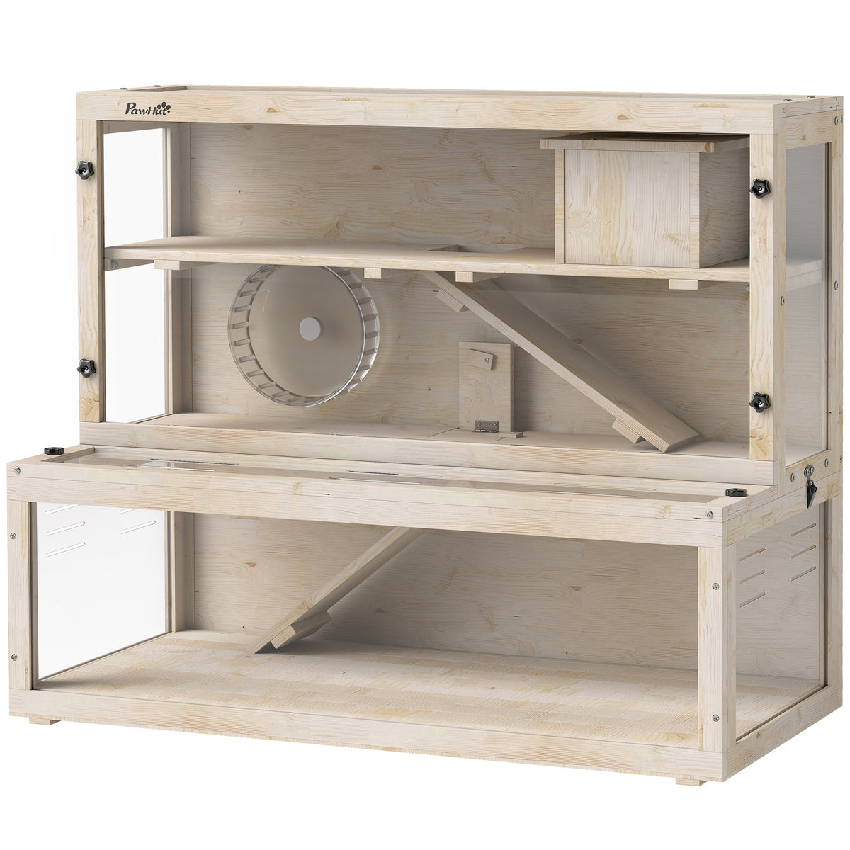 Wooden Hamster Cage with Hut, Wheel, Ramps, Removable Viewing Panels, 100 x 50 x 84 cm, Natural Wood