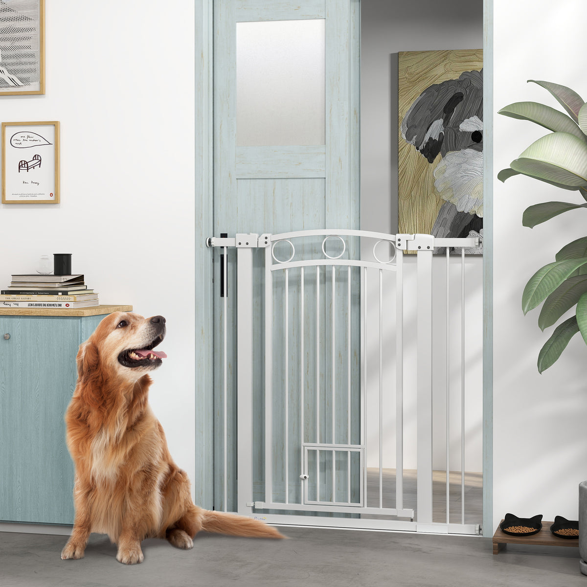 106cm Tall Dog Gate with Cat Door, 7cm and 14cm Extensions, for Stairs, Doorways, 76-104cm Width