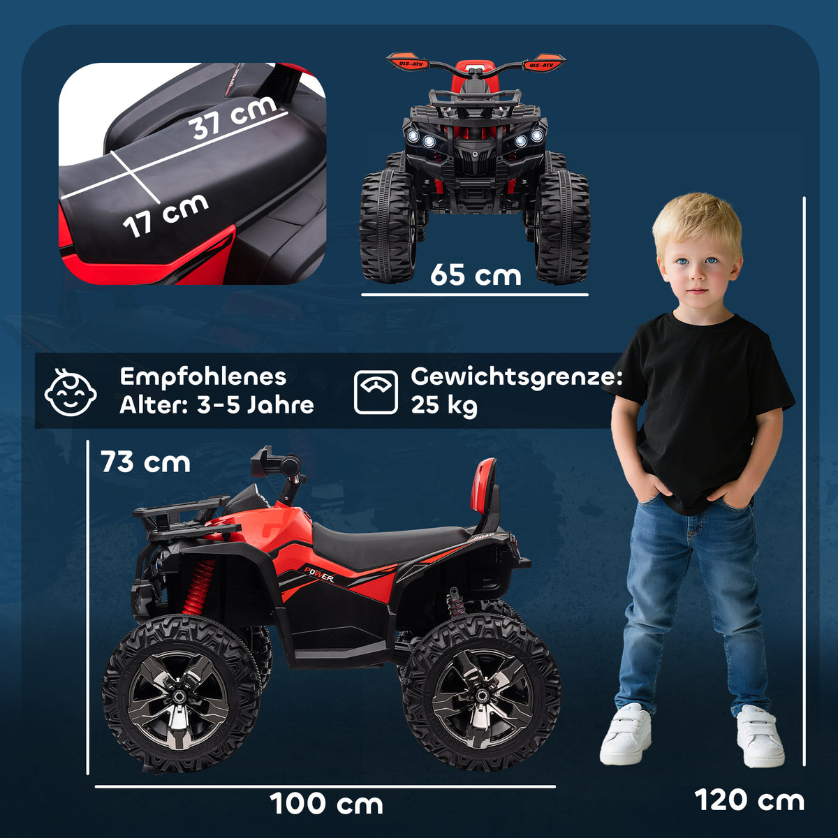 Elektro-Kinderquad, 3-8 km/h, 45 Min. Betriebszeit, LED-Scheinwerfer, Musikplayer mit USB, für Kinder 3 bis 5 Jahre