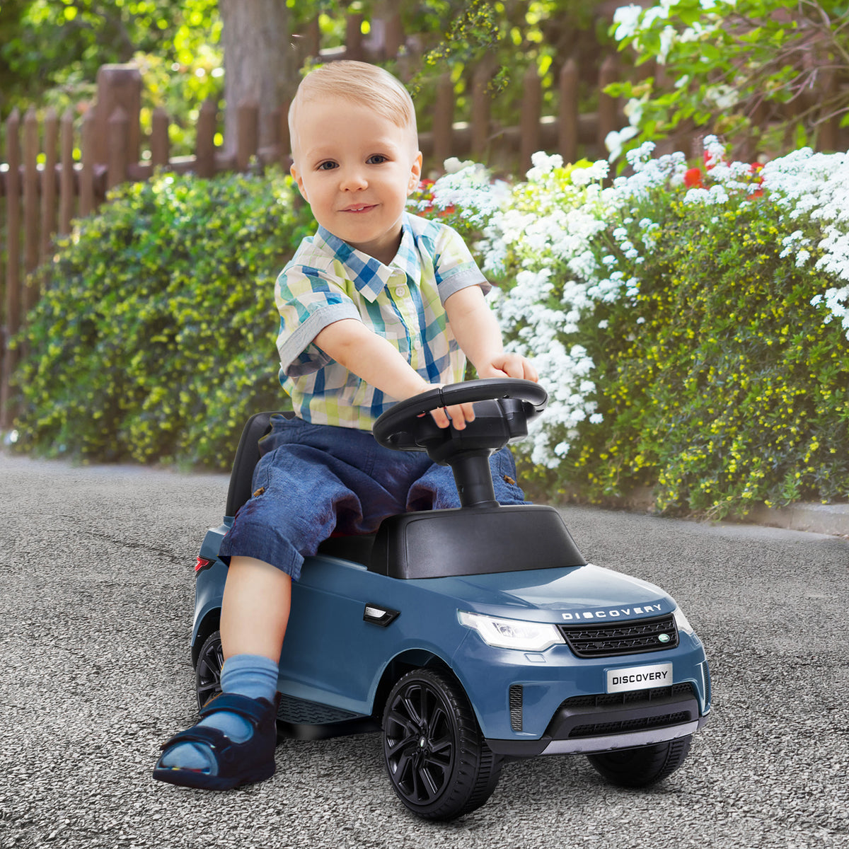 Elektro Kinderauto 6V, Land Rover, Fahr-/Schiebemodus, Scheinwerfer, Musik, Hellblau
