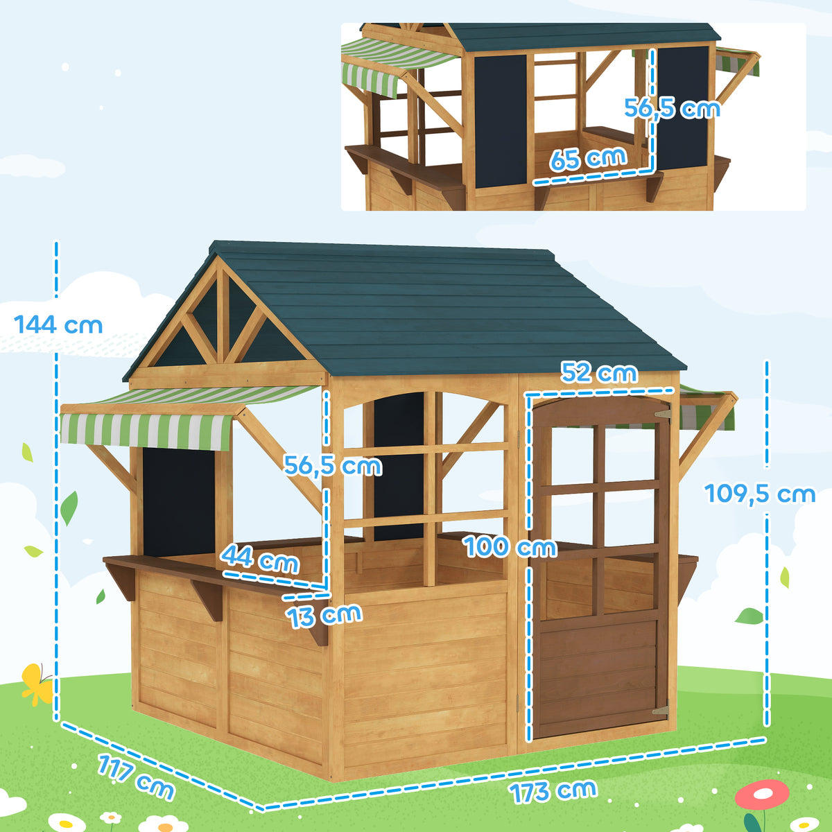 Kinderspielhaus aus Tannenholz, Faltbares Häuschen mit Fenstern, Tür, für Kinder im Alter von 3-8 Jahren, Braun+Blau