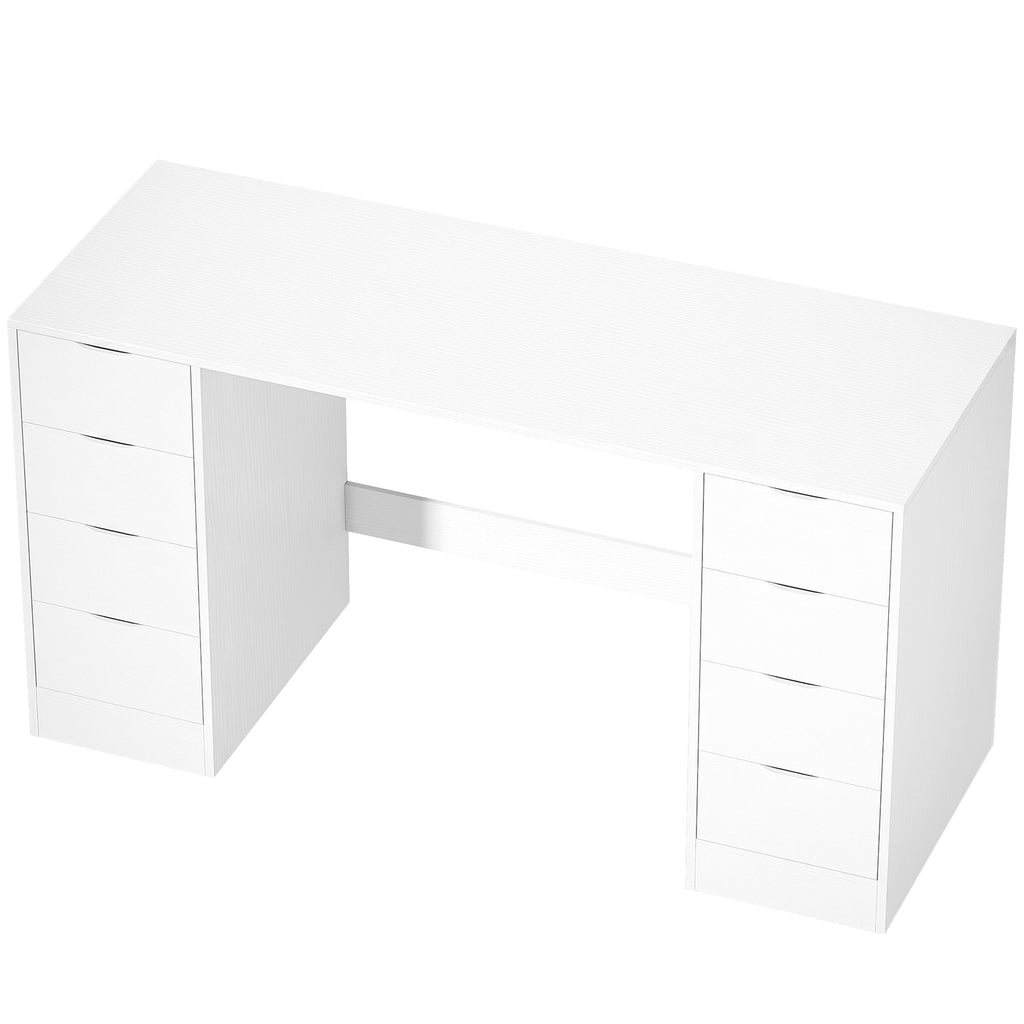 Schreibtisch 140 cm mit 8 Schubladen, moderner Bürotisch mit Stauraum, weiße Holzoptik