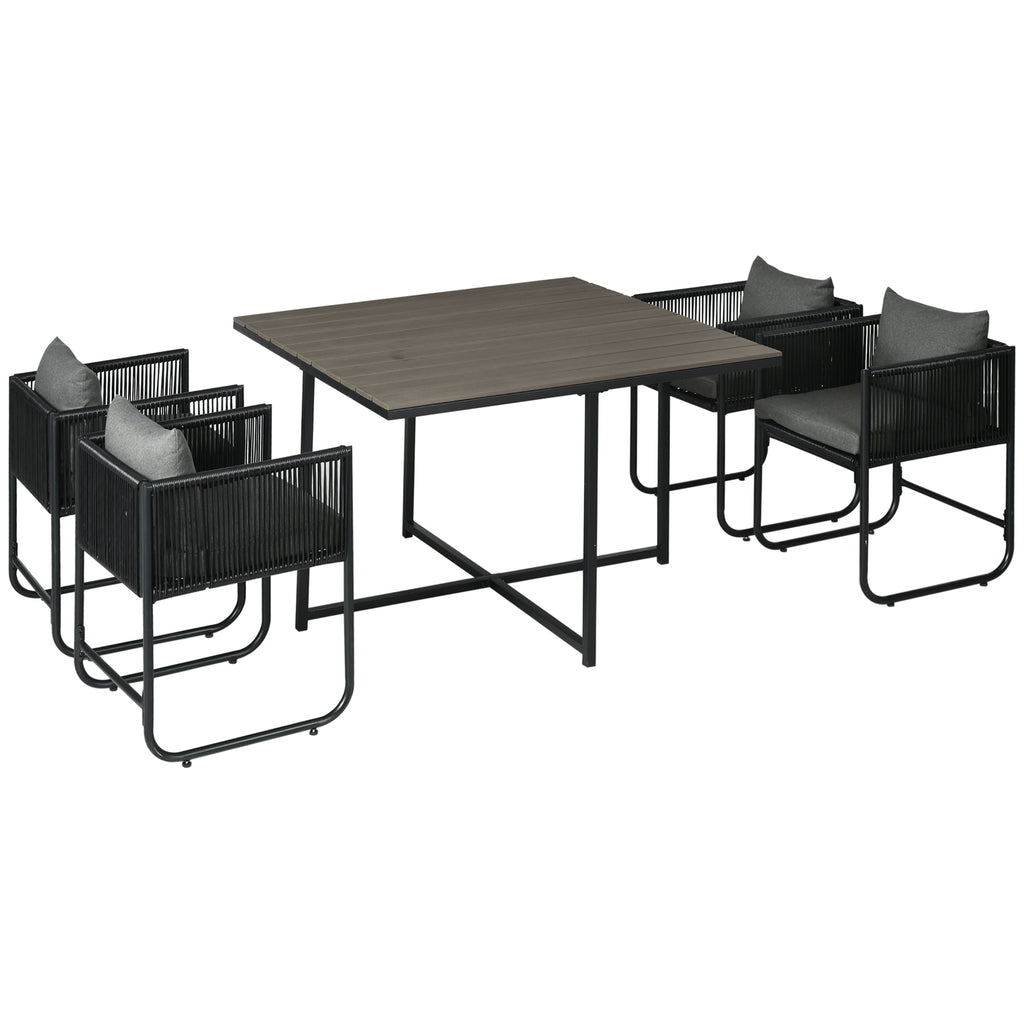 Outdoor Essgruppe, Gartengarnitur, 5-teilig, Polyrattan, Sitzkissen, wetterfest, Schwarz/Grau