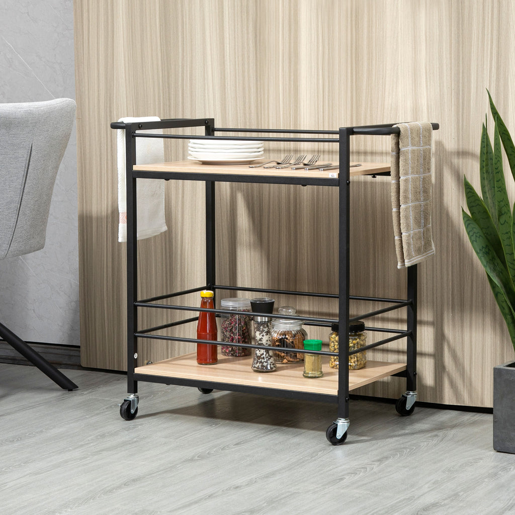 K¨¹chenwagen Servierwagen mit 2 Ablagen, Reling, Stahl, Schwarz+Holz 82 x 40 x 75cm