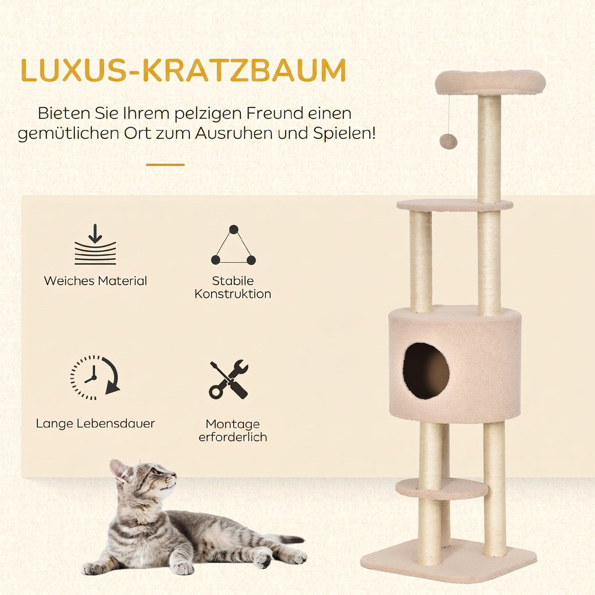 Kratzbaum 148 cm hoch Katzenbaum mit Höhle, 4 Spielzeuge, Sisalstämme, große Plattform, mehrstöckig für Katzen bis 5 kg