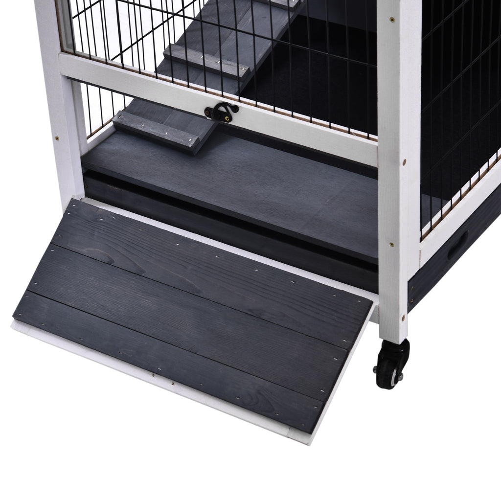 Wooden Guinea Pig Hutch, 2-Floor Bunny Cage w/ Enclosed Run Area, Grey