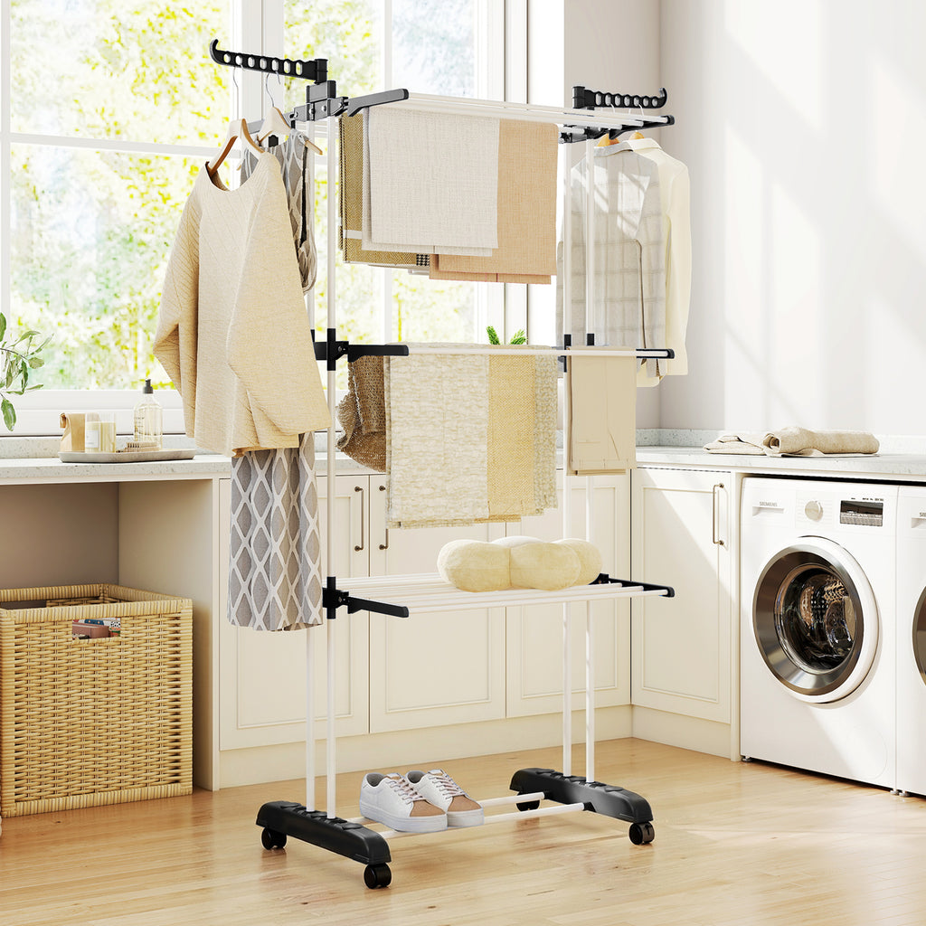Foldable Clothes Drying Rack, 4-Tier Steel Garment Laundry Rack with Castors for Indoor and Outdoor Use, Black