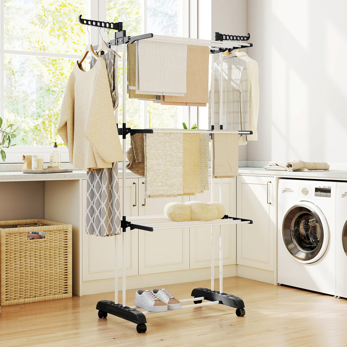 Foldable Clothes Drying Rack, 4-Tier Steel Garment Laundry Rack with Castors for Indoor and Outdoor Use, Black