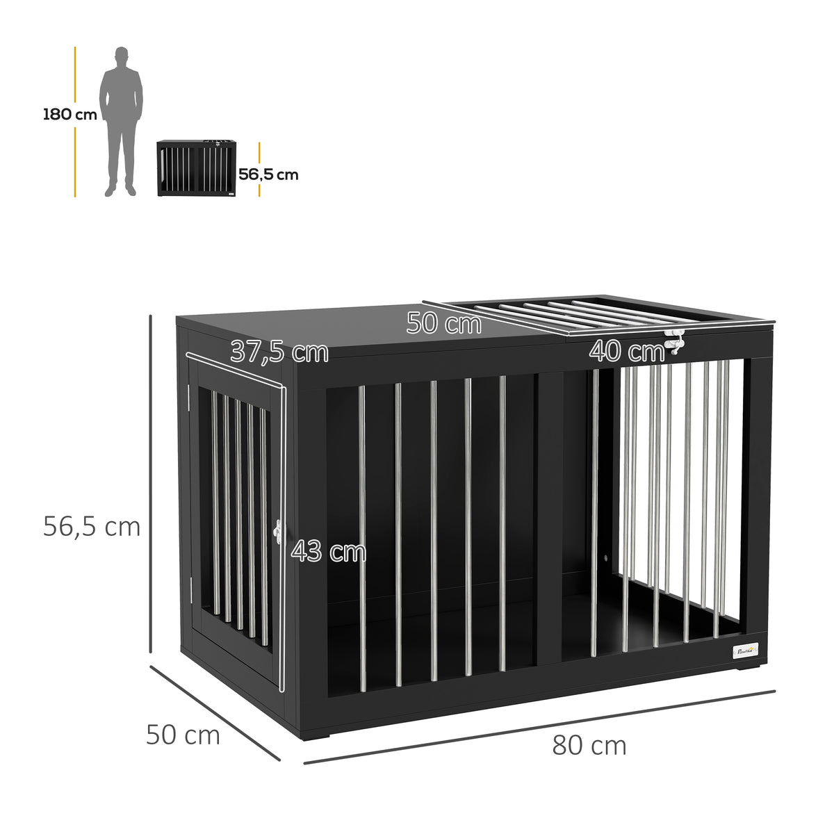Hundekäfig Hundebox Hundetransportbox, 2 Türen, verriegelbar, Stahlgitter, 80 cm x 50 cm x 56,5 cm, Schwarz