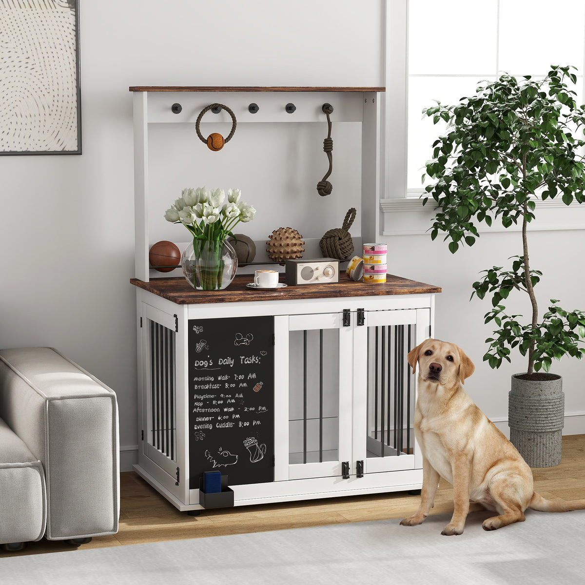 Hundebox mit Aufbewahrungsregal für Spielzeug, Haken für Leinen, Schreibtafel, Radiergummi, für große Hunde, Weiß