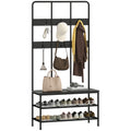 3-in-1 Garderobenständer, Kleiderhaken, Sitzbank, Schuhregal, Metall, Spanplatte, Schwarz