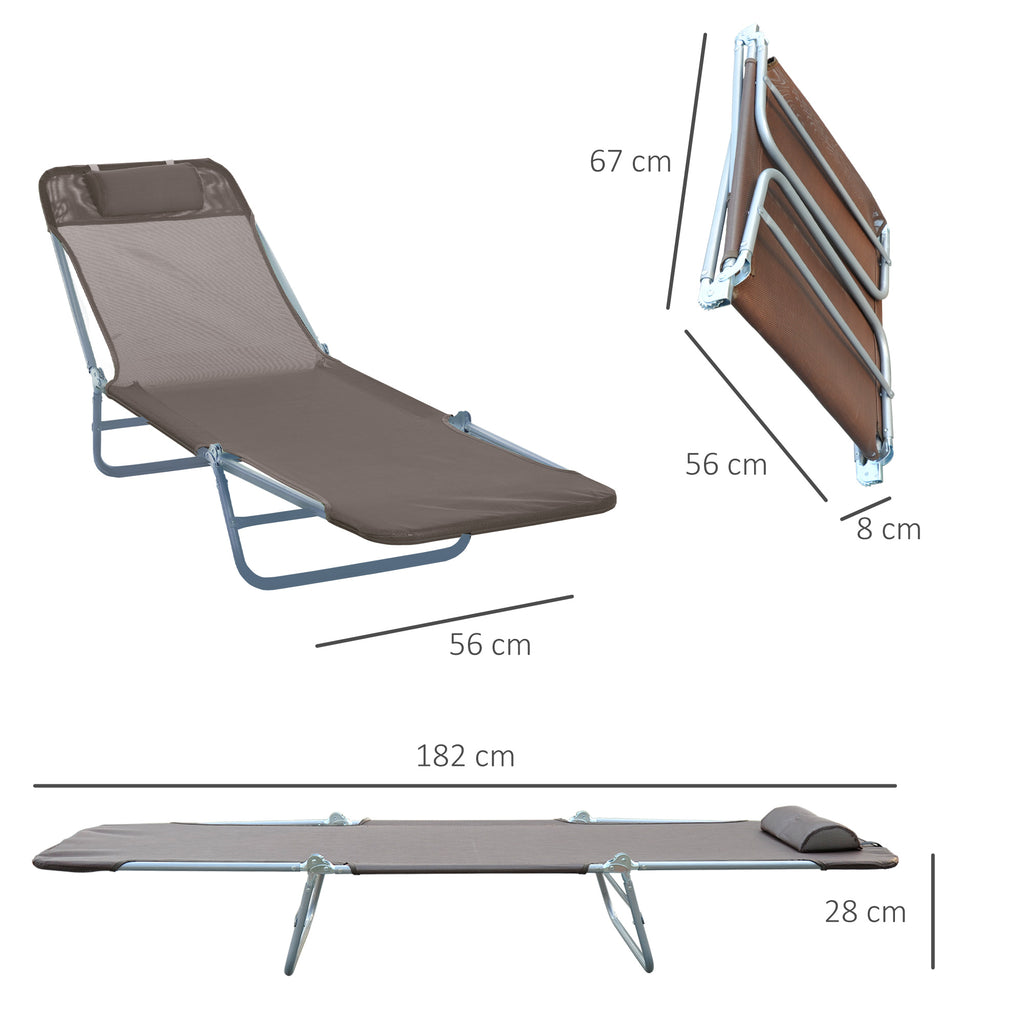 Folding Sun Lounger, Texteline Reclining Sun Bed with 5 Position Adjustable Backrest, Headrest, Coffee