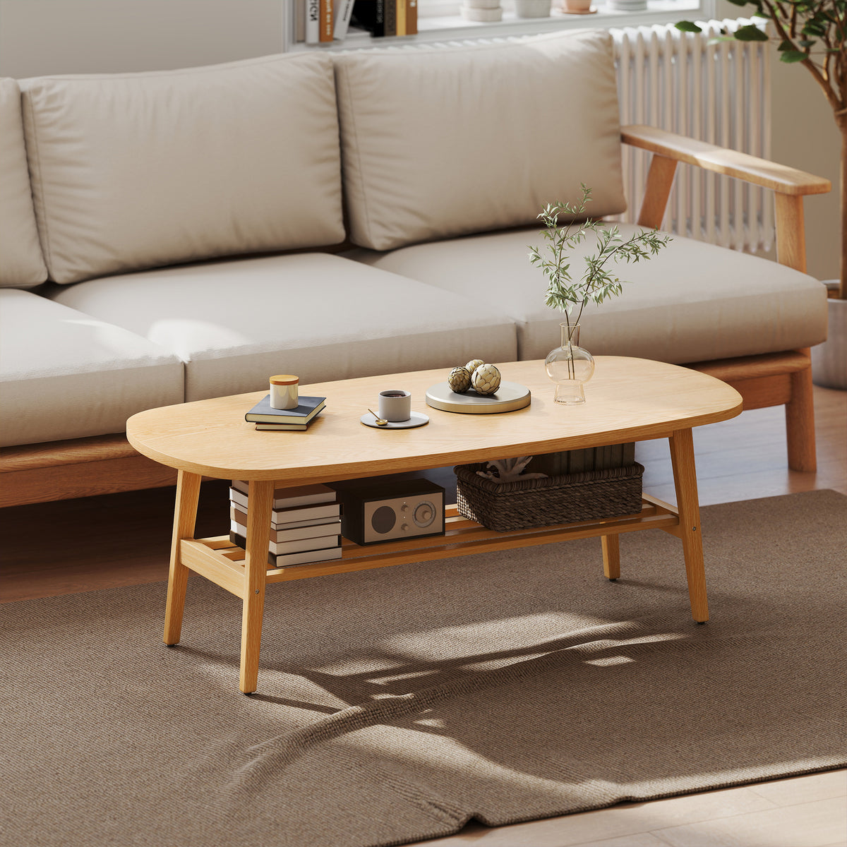 Couchtisch Wohnzimmertisch mit Ablage, Kaffeetisch für Wohnzimmer, Schlafzimmer, 120 x 60 x 42 cm, Naturholz