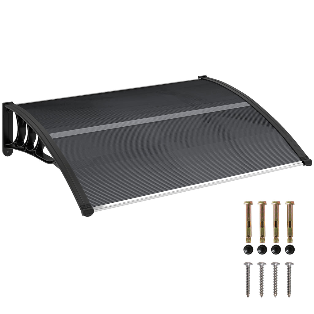 Front Door Canopy Outdoor Awning Aluminium Rigid Plastic Polycarbonate Rain Shelter UV Water Rain Resistant 100 x 75cm Black