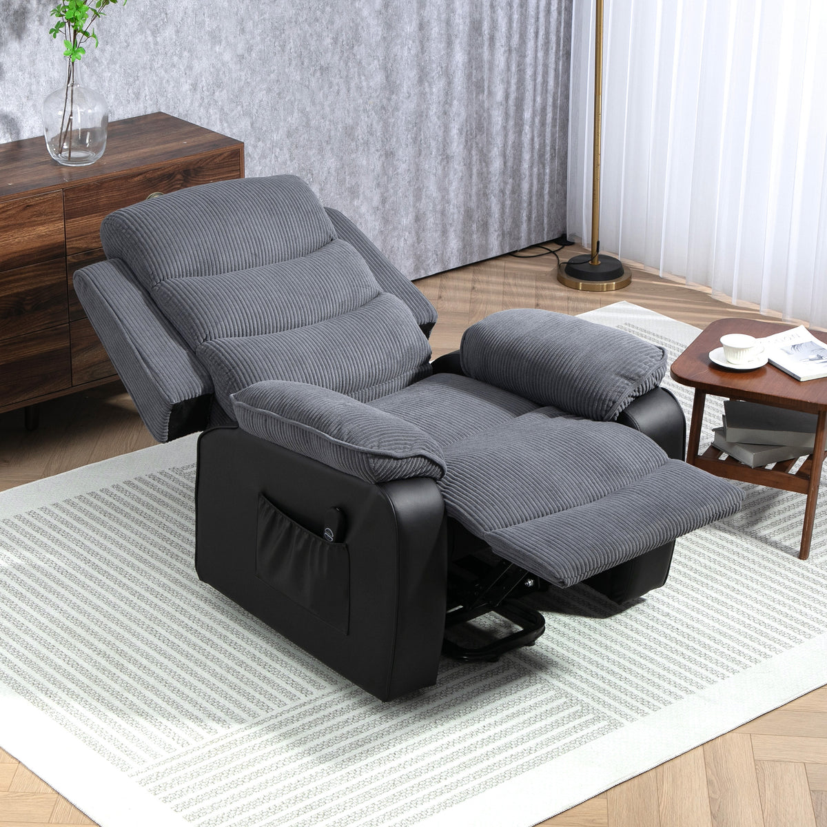 Aufstehsessel mit weichem Cordbezug, Recliner-Sessel mit Fernbedienung und Seitentaschen, Dunkelgrau