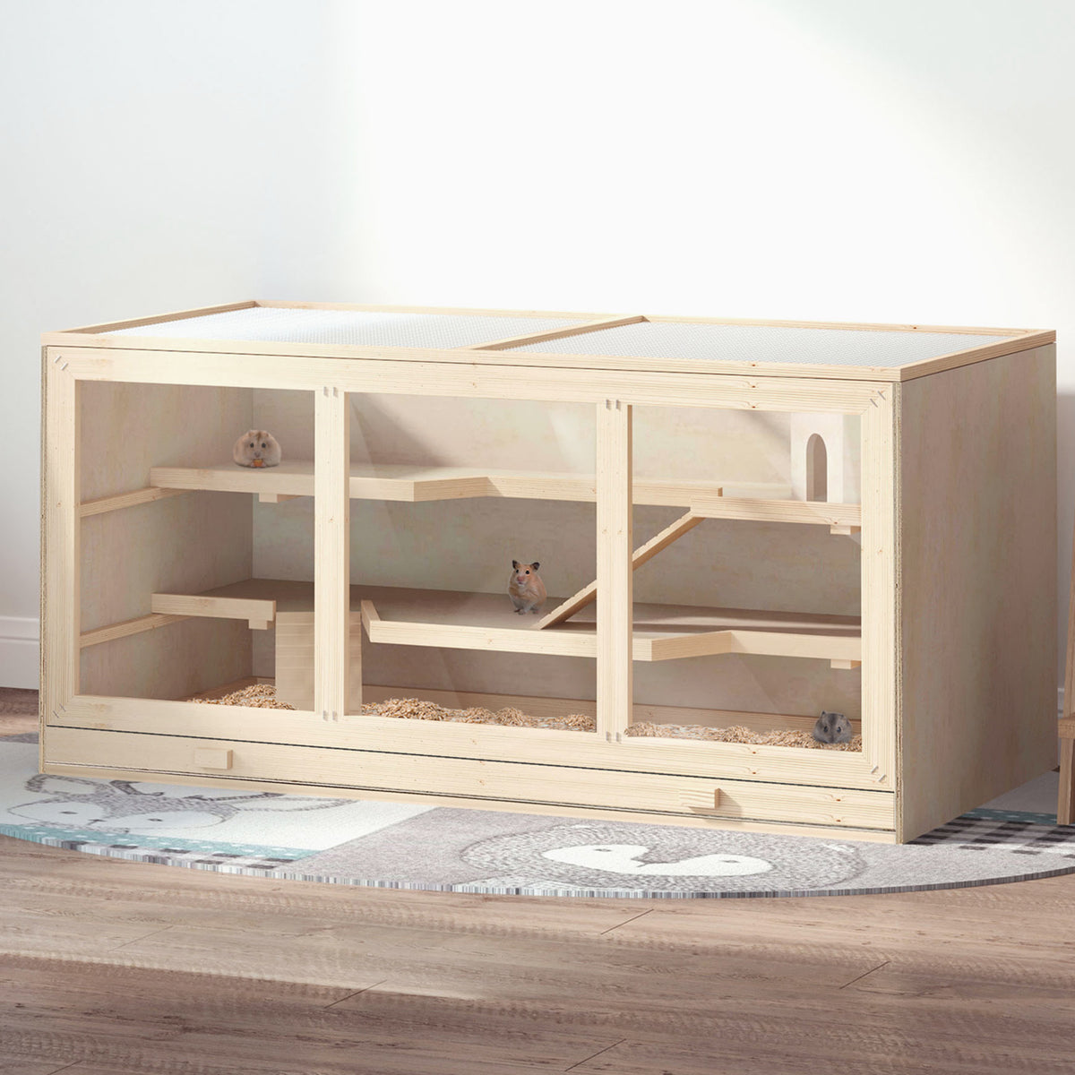 Wooden Hamster Cage, Small Animals Hutch with Tray, Openable Top, Exercise Play House Pen, 115L x 57W x 55Hcm, Natural
