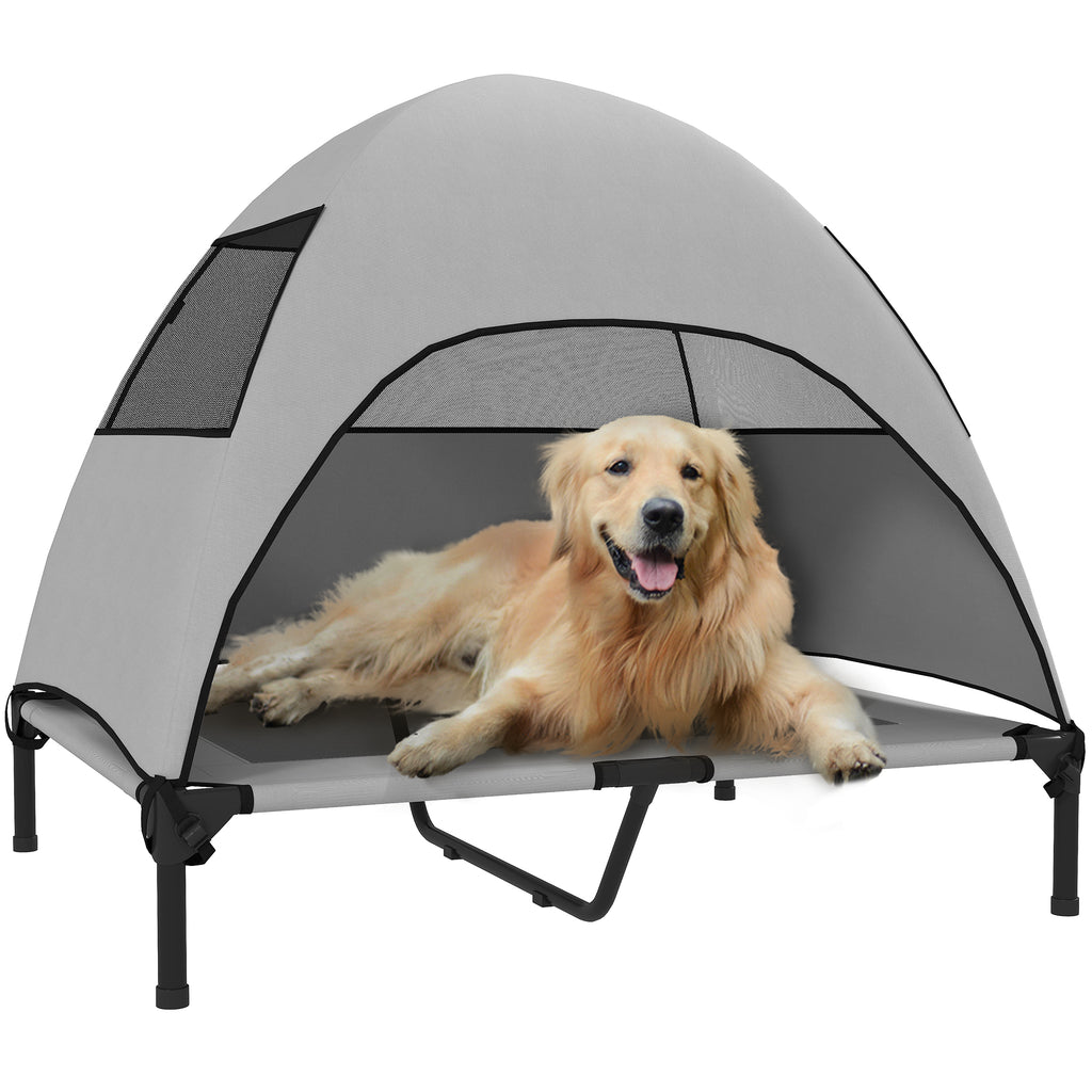 Hundeliege Outdoor mit Dach, Erh?htes Hundebett f¨¹r Gro?e Hunde, 91 x 76 x 90 cm, Hellgrau