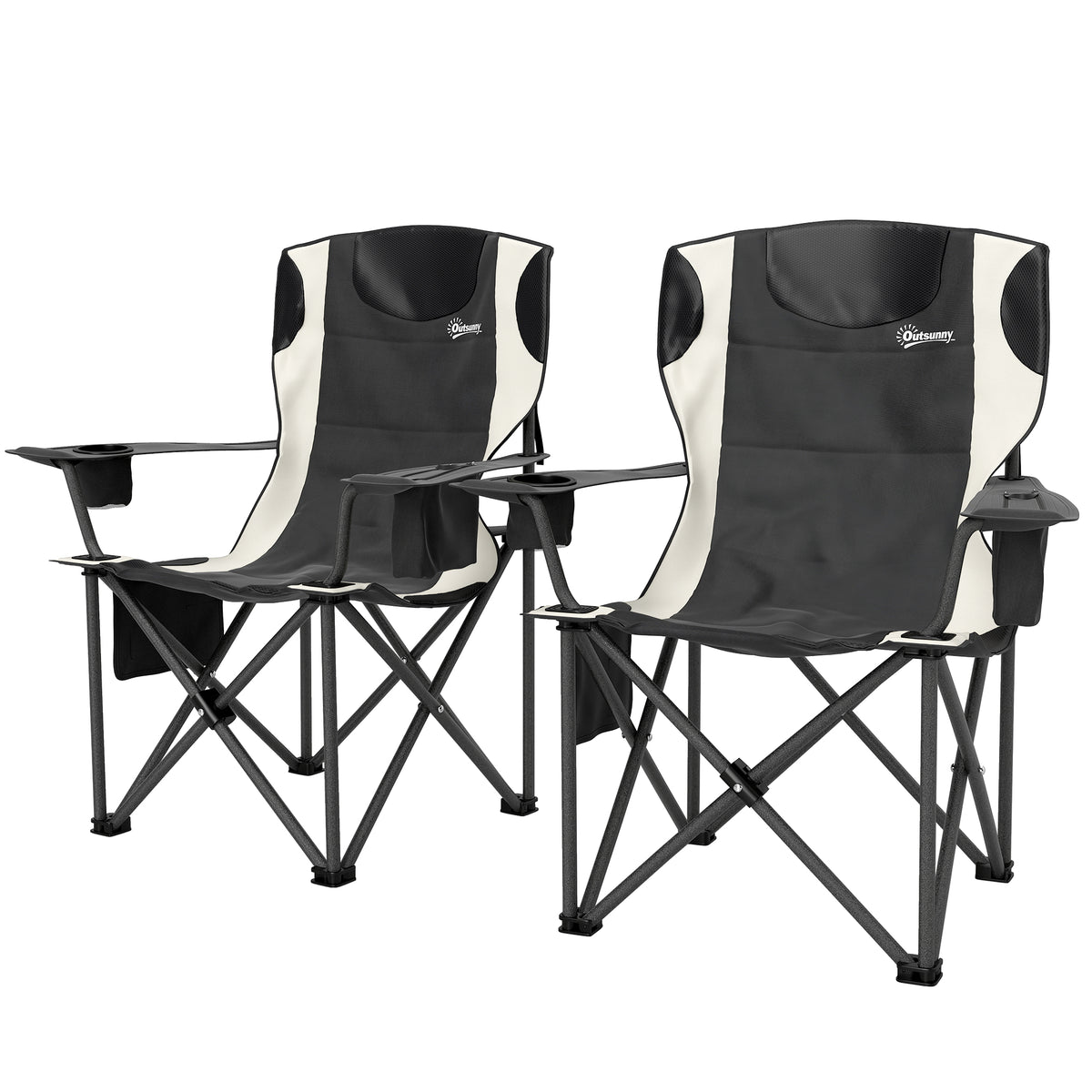 Set of 2 Folding Camping Chairs, Padded Camping Chairs with Adjustable Armrests, Portable & Lightweight Folding Camp Chair with Cooler Bag, Cup Holder and Side Pockets, Black