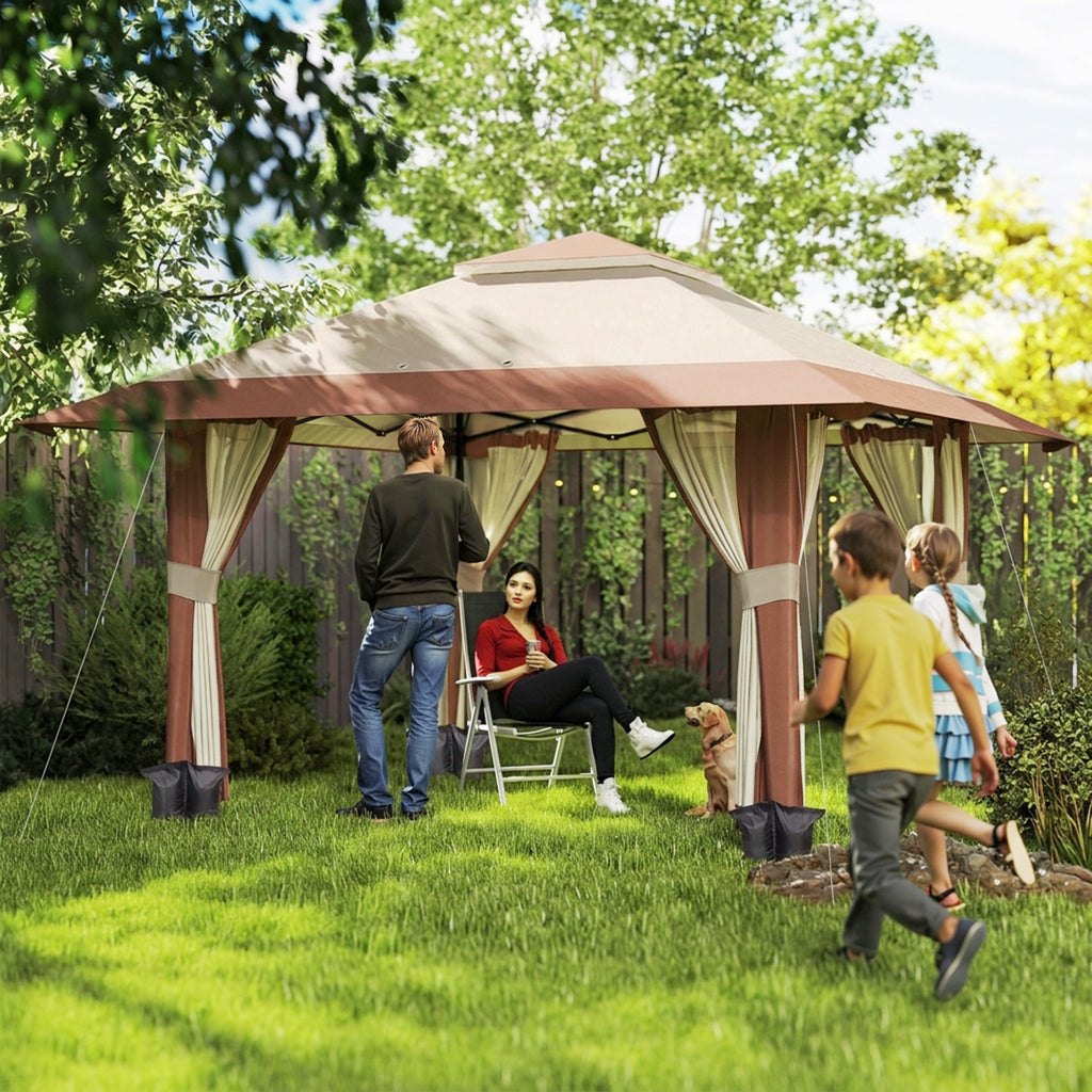 4 x 4 m Garten-Pavillon, Gartenzelt mit Netzwänden, UPF50+ Schutz, Höhenverstellbares Partyzelt, Beige