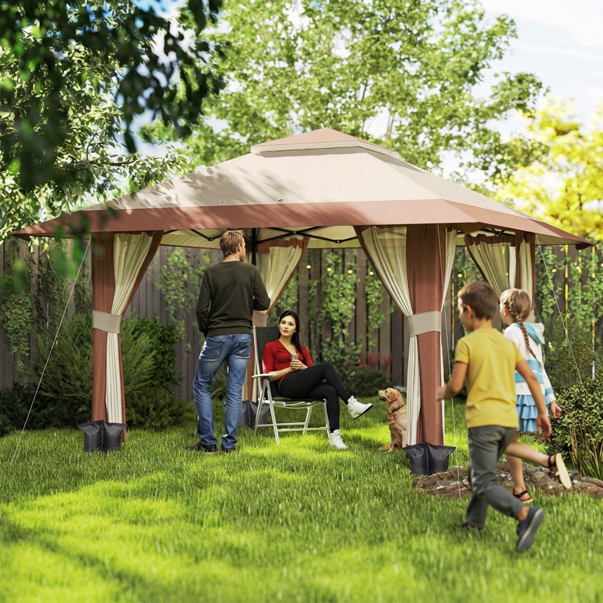 4 x 4 m Garten-Pavillon, Gartenzelt mit Netzwänden, UPF50+ Schutz, Höhenverstellbares Partyzelt, Beige