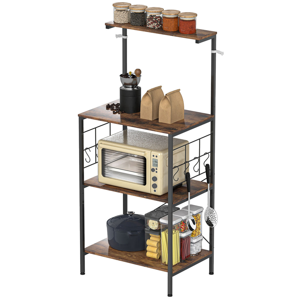 K¨¹chenregal, 4-stufiges Design, Arbeitsplatte, 8 Haken, Metallrohre, Braun+Schwarz