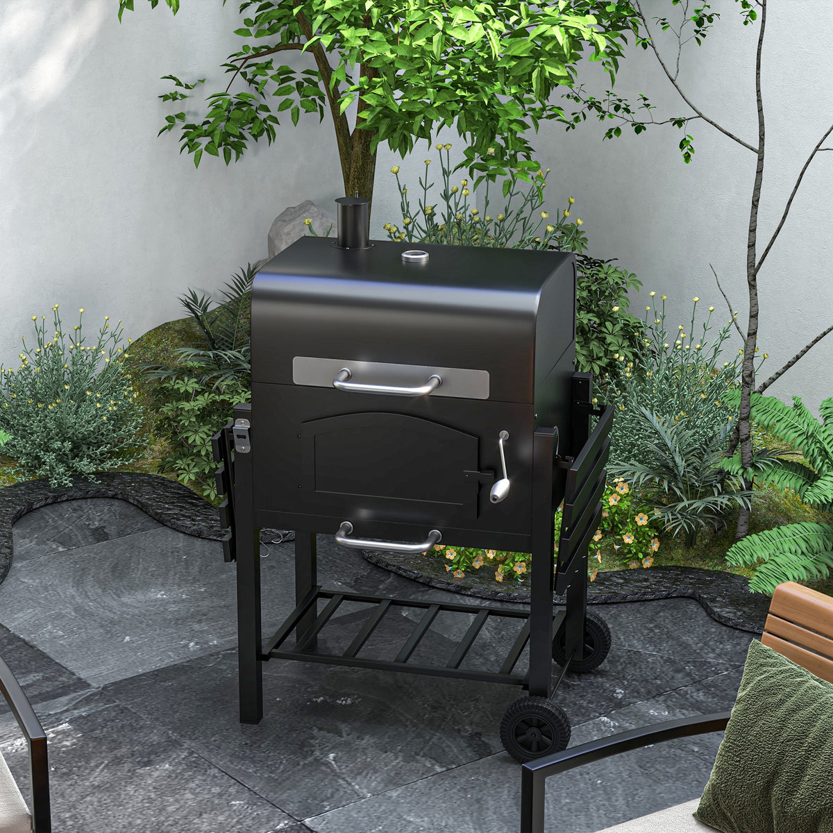 3-in-1 Charcoal BBQ, with Shelves - Black