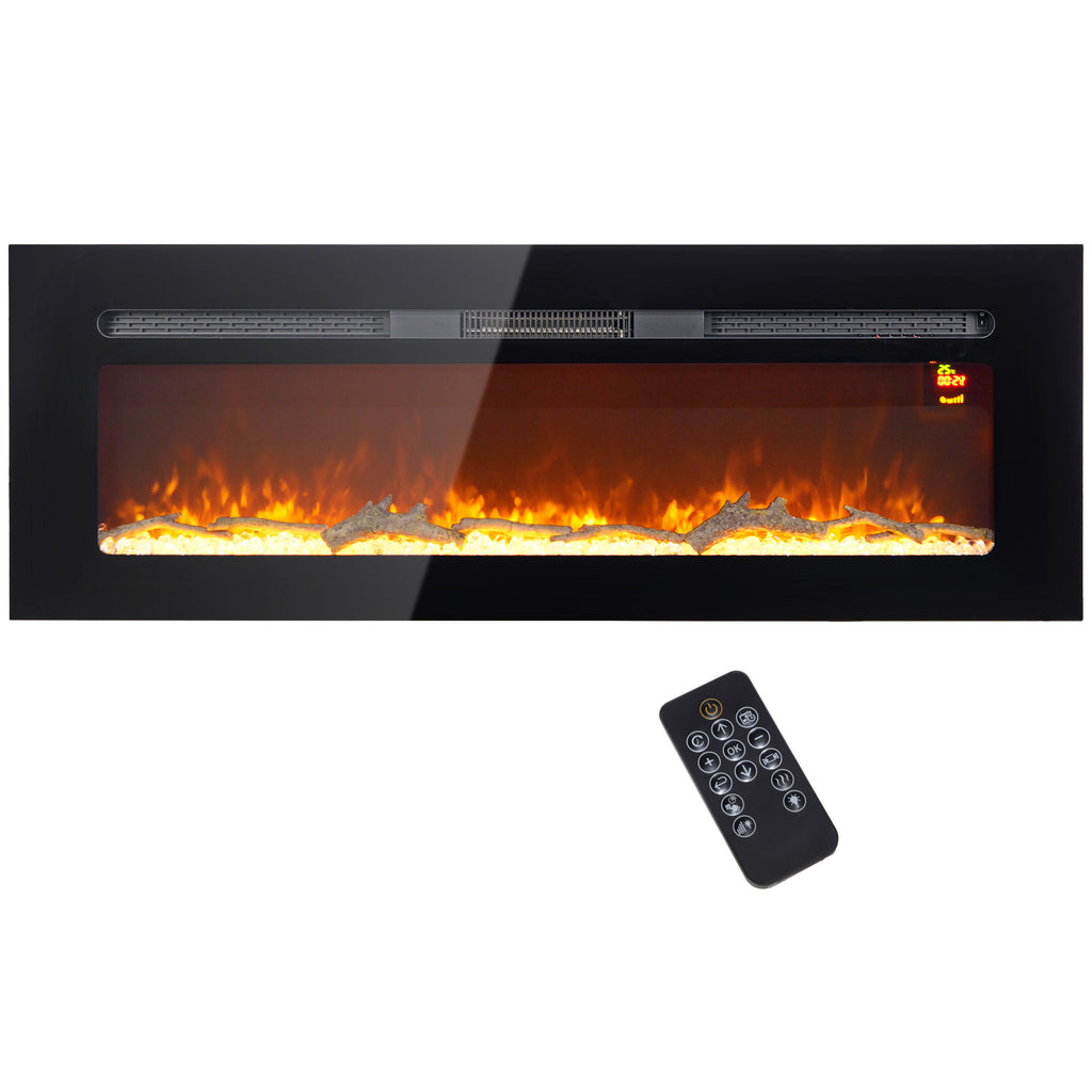 Elektrischer Kamin mit Wandhalterung und Fernbedienung, künstliche Holzscheite und Kristalle, 1800W Leistung, Schwarz