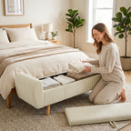 Sitzbank mit Stauraum, Polsterbank mit Cord-Optik, Holzfüßen und Gerollten Armlehnen, Beige