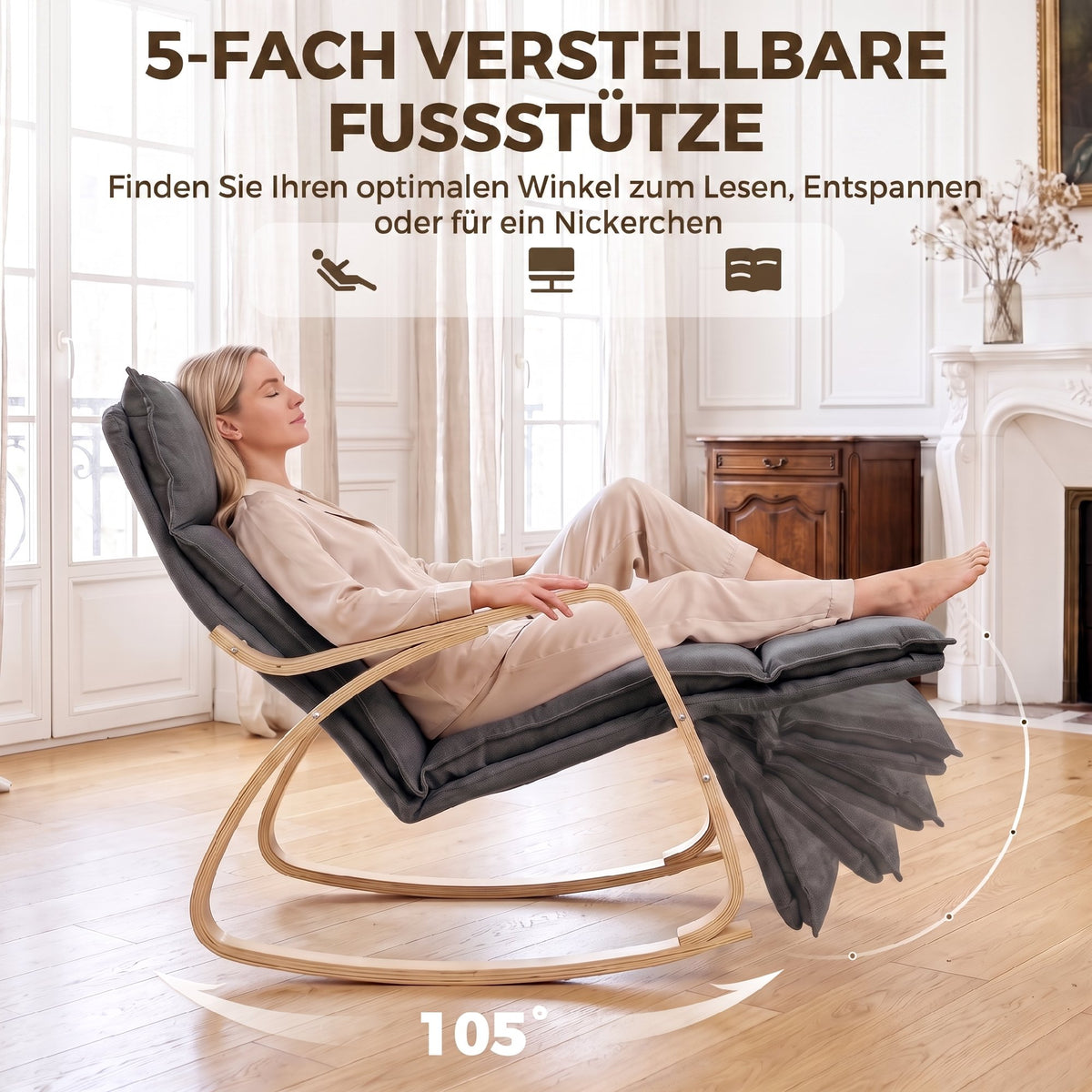 Schaukelstuhl mit 5-Fach Verstellbare Fußstütze, Dunkelgrau