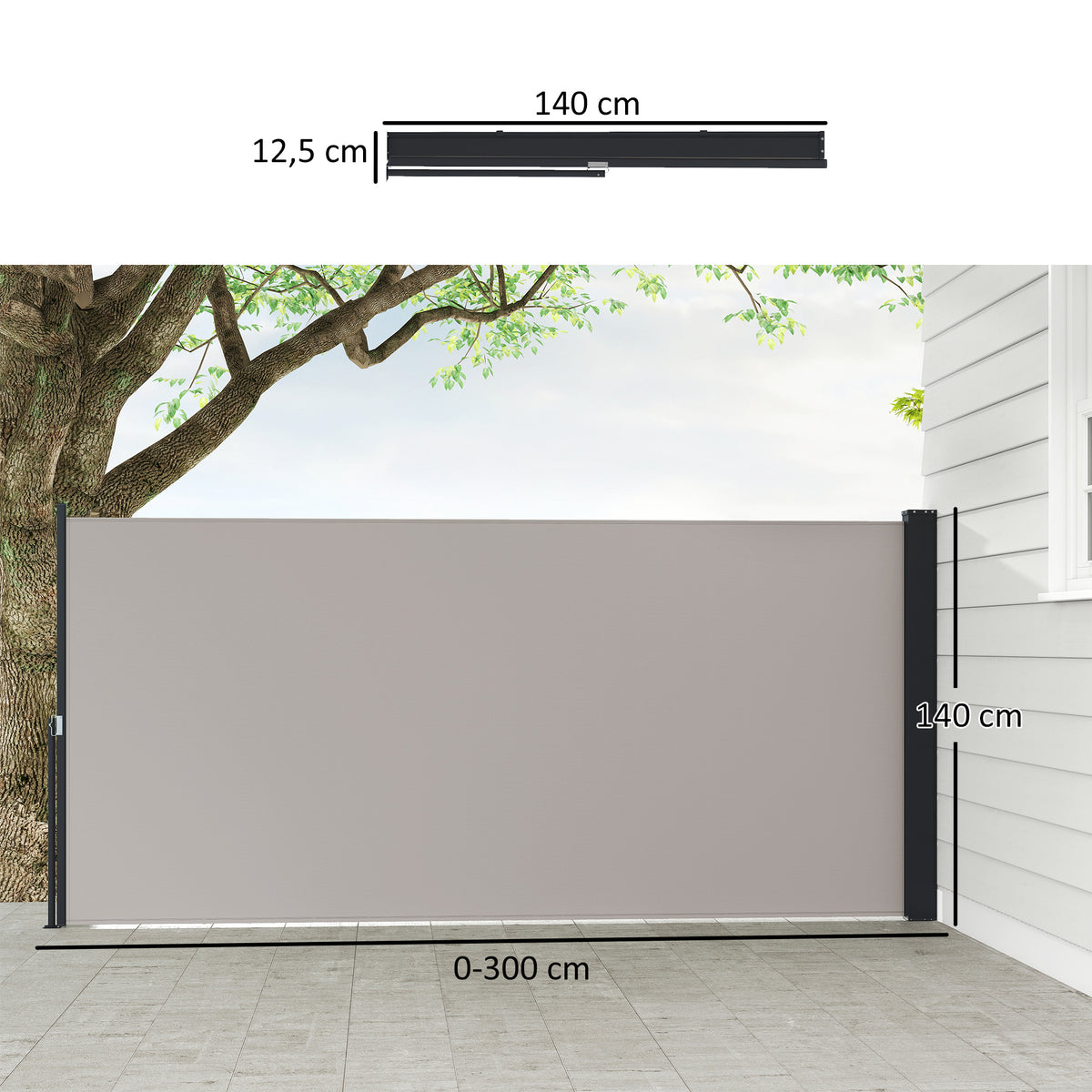 Seitenmarkise, Seitenrollo, ausziehbar, Sichtschutz, Aluminium/Polyester, 3 x 1,4 m, Hellgrau