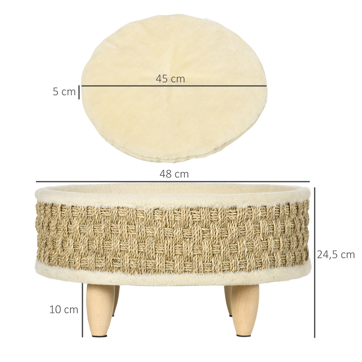 Haustierbett für Katzen und Hunde, Seegras, waschbares Kissen, 48 cm x 48 cm x 24,5 cm, Beige + Khaki - Natur